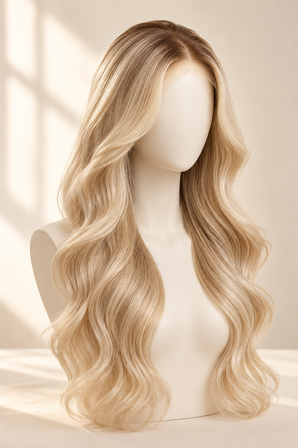 Illustrative blonde Langhaarperücke auf einer Büste